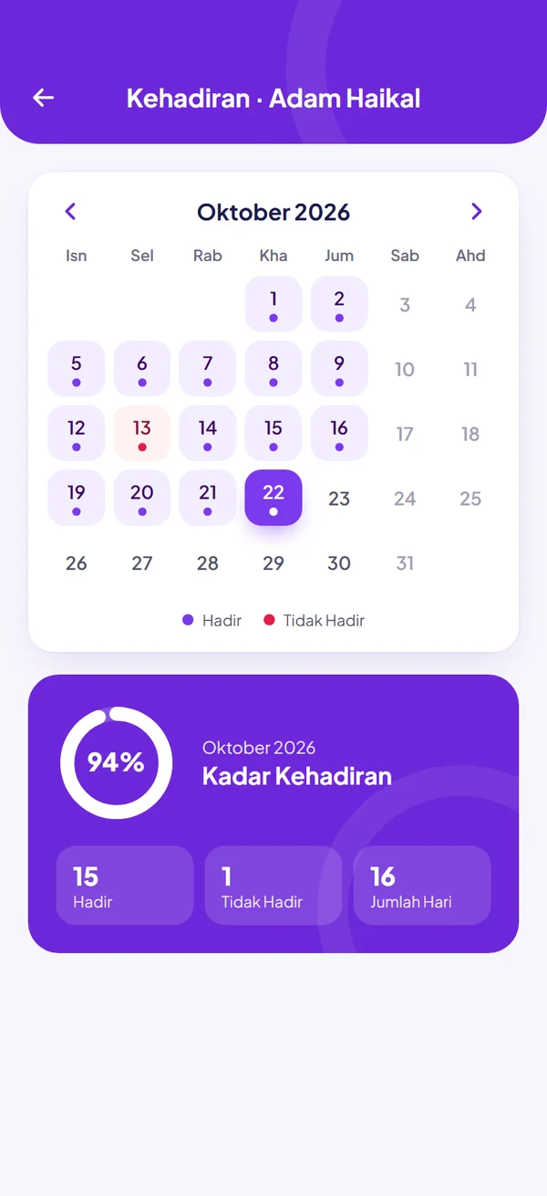 Aplikasi ibu bapa: kalendar kehadiran anak
