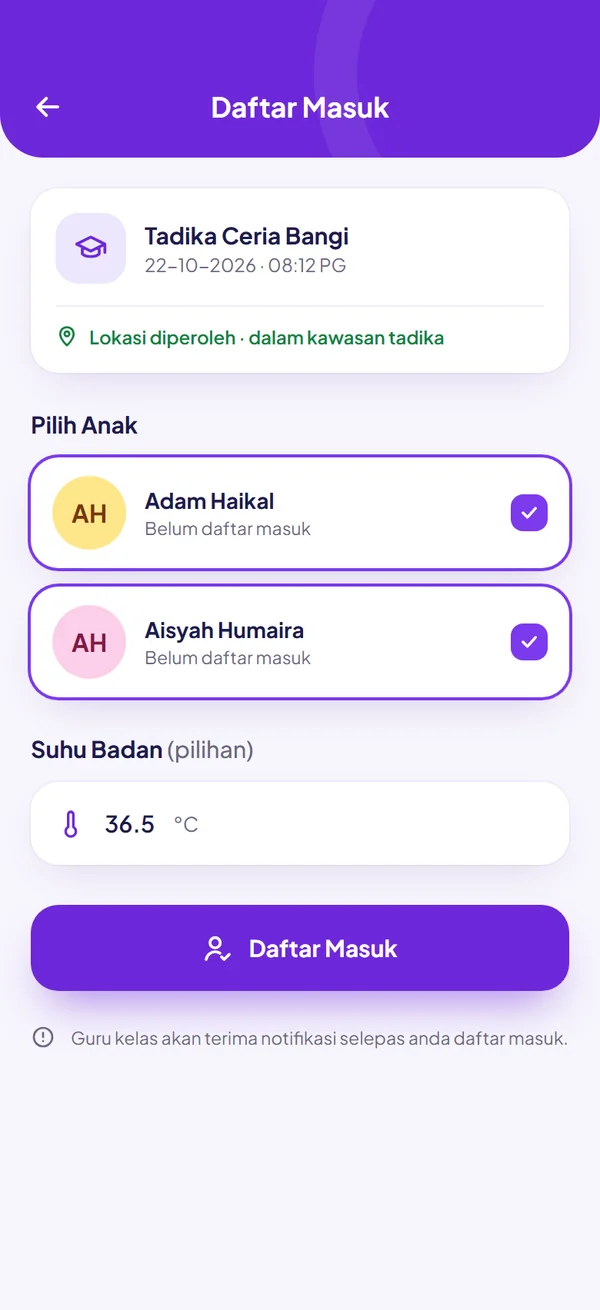 Paparan aplikasi ibu bapa TadikaPro: Daftar masuk