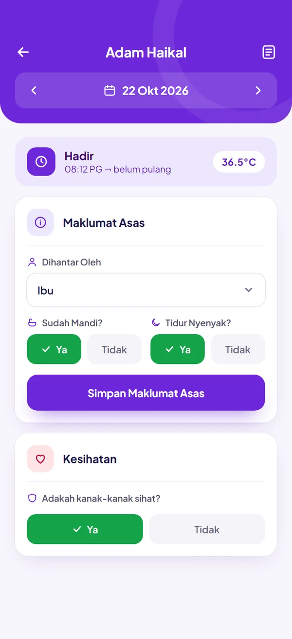 Paparan aplikasi ibu bapa TadikaPro: Maklumat hantar