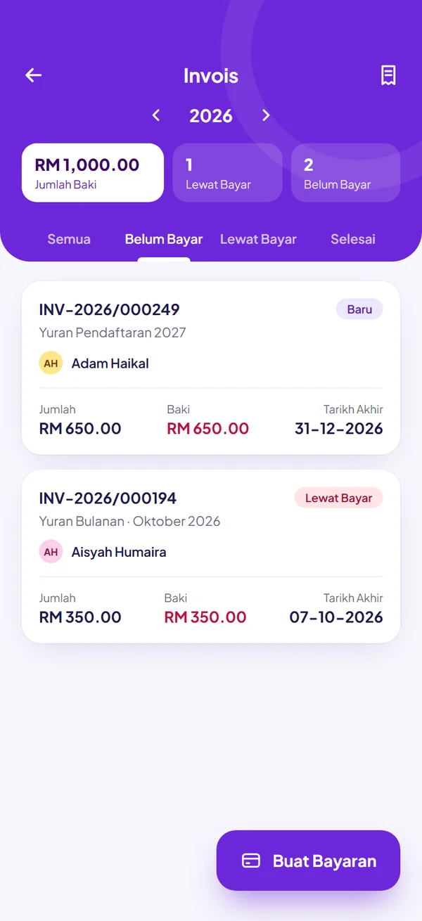Paparan aplikasi ibu bapa TadikaPro: Invois